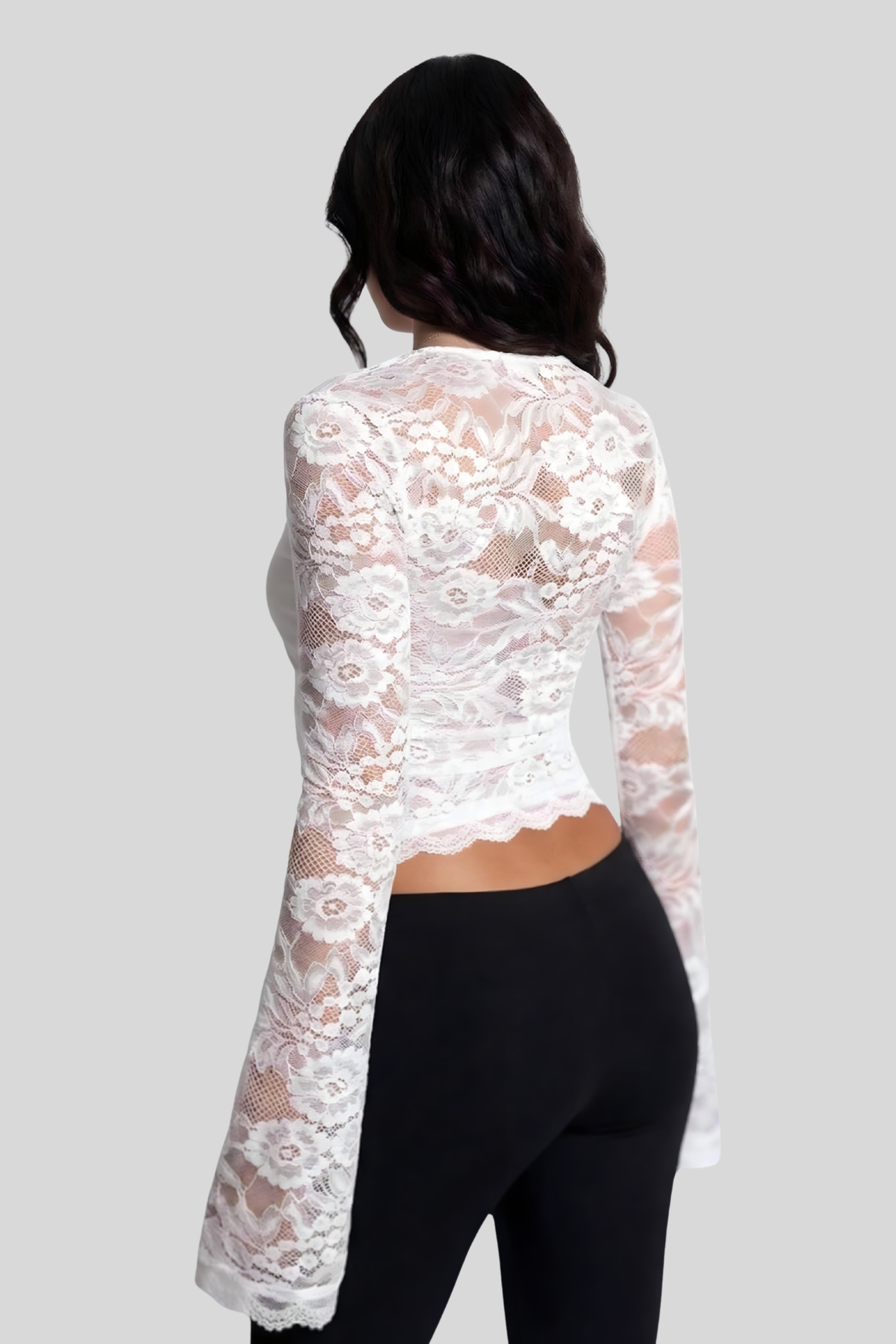 Alzya Sheer Lace Square Neck Long Sleeve Top 8