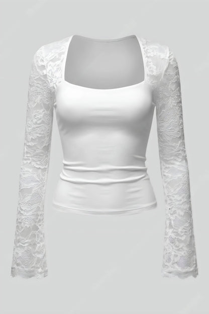 Alzya Sheer Lace Square Neck Long Sleeve Top 8