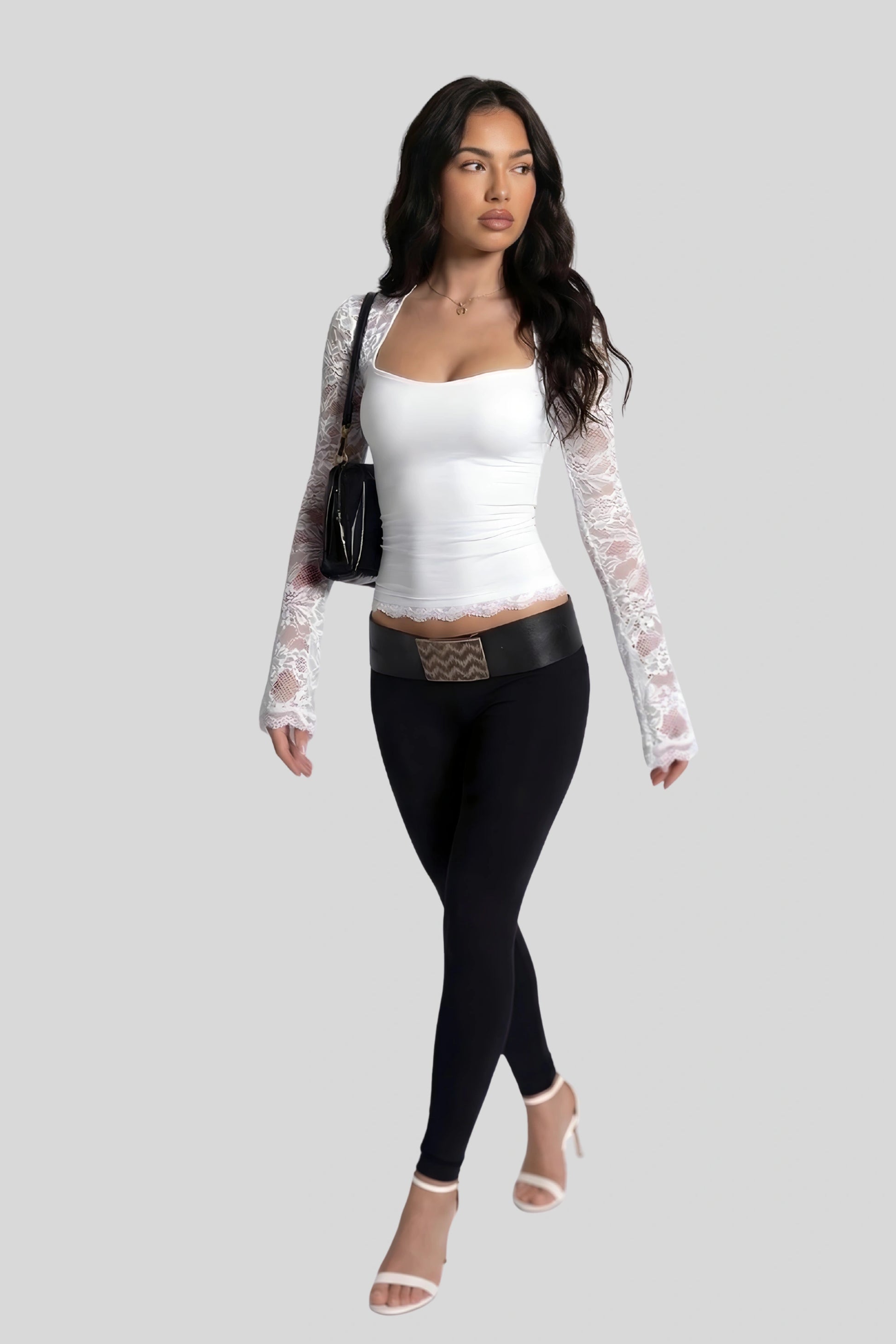 Alzya Sheer Lace Square Neck Long Sleeve Top 8
