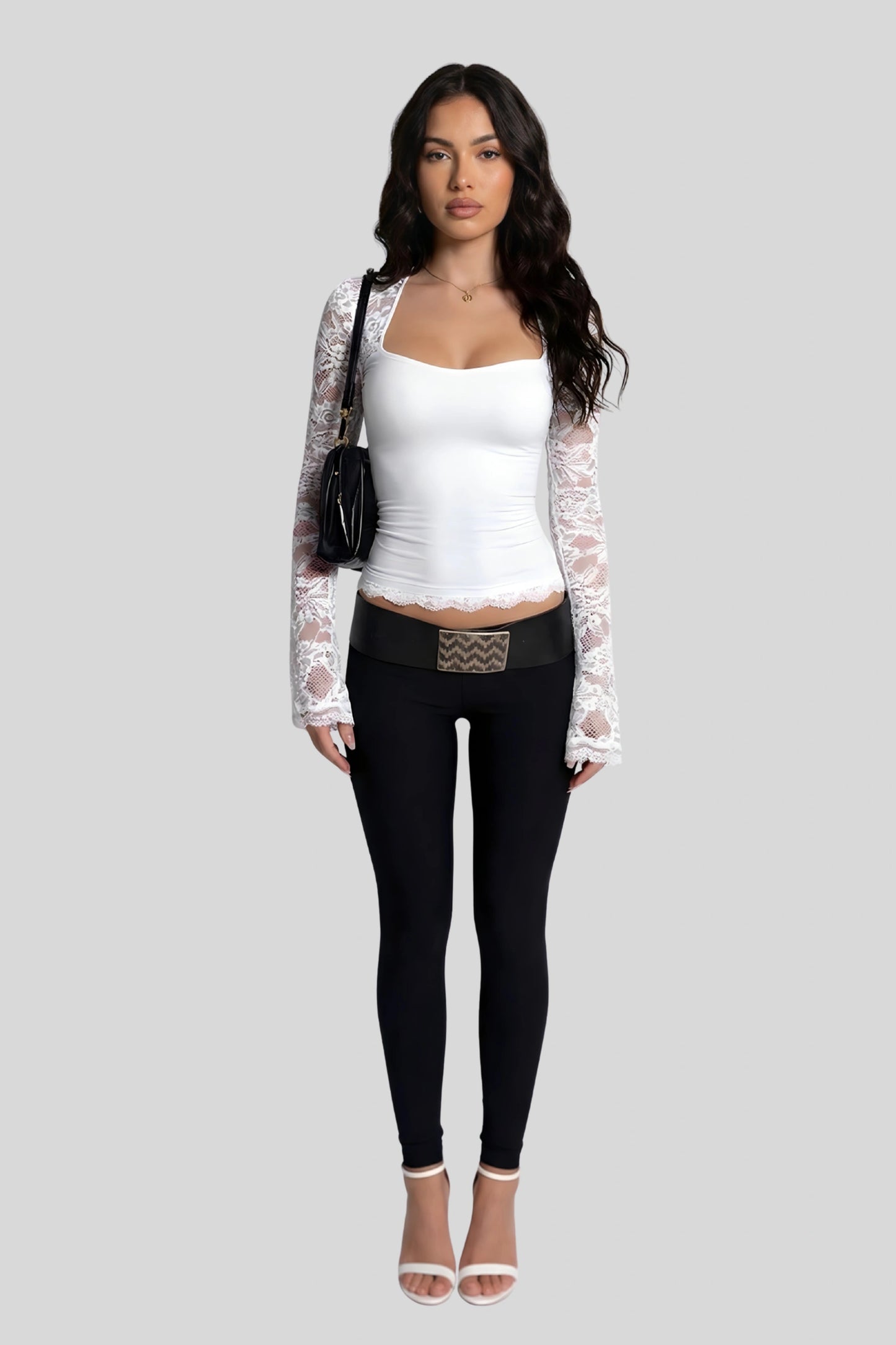 Alzya Sheer Lace Square Neck Long Sleeve Top 8