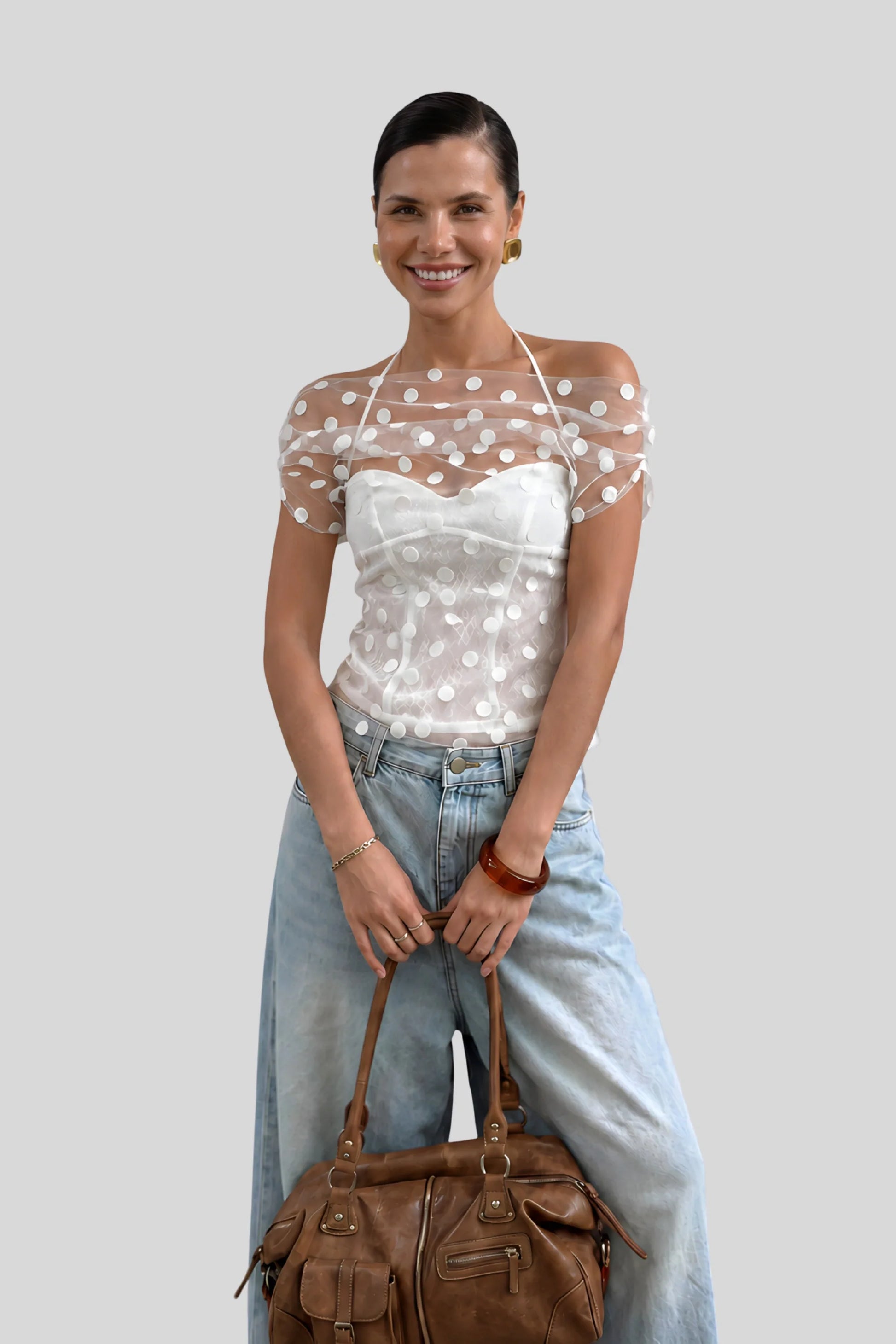 Sheer Polka Dot Top That Flatters Every Shoulder White