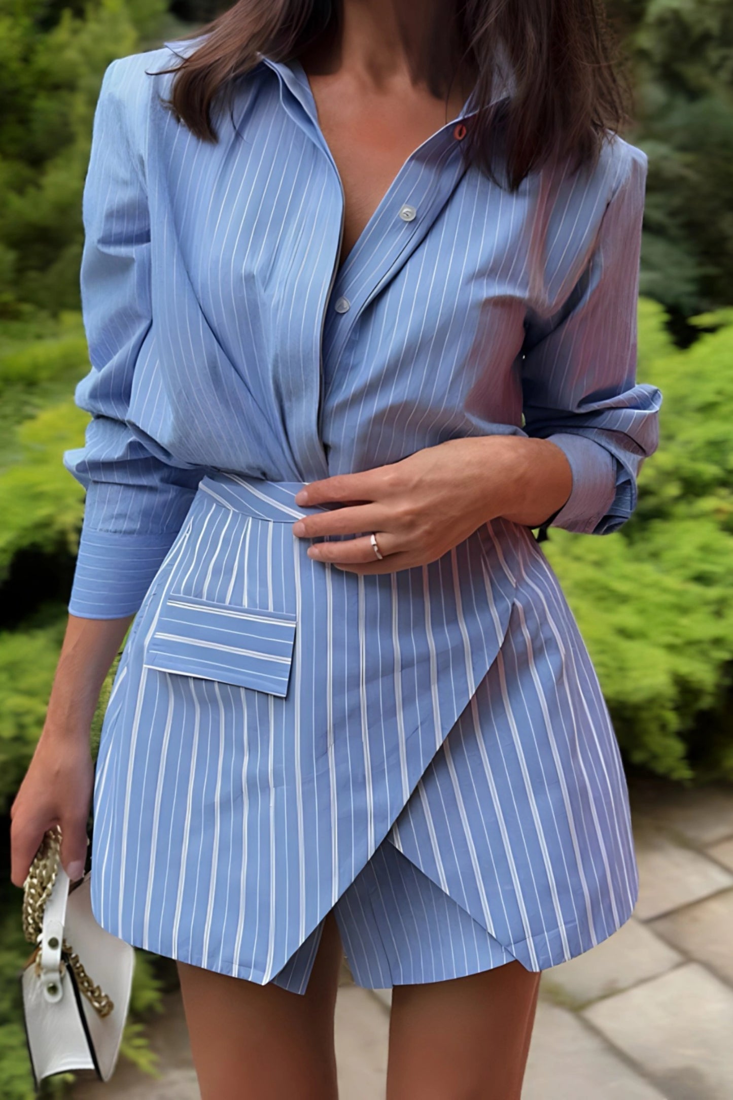 Striped Shirt And Wrap Mini Skirt Set Color: