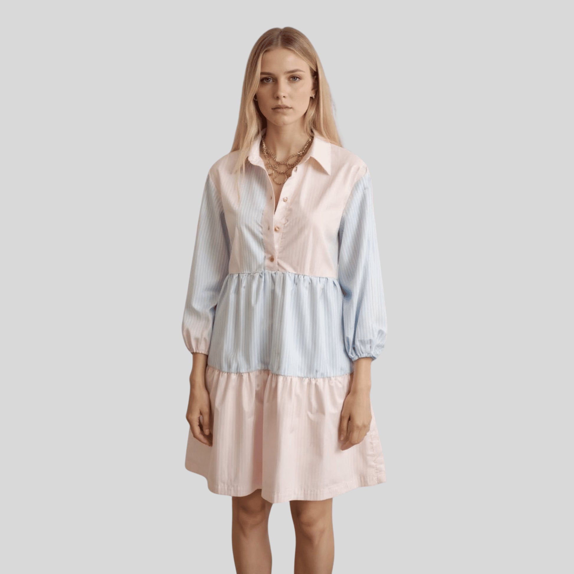Alzya Striped Tiered Shirt Dress 100% Coton