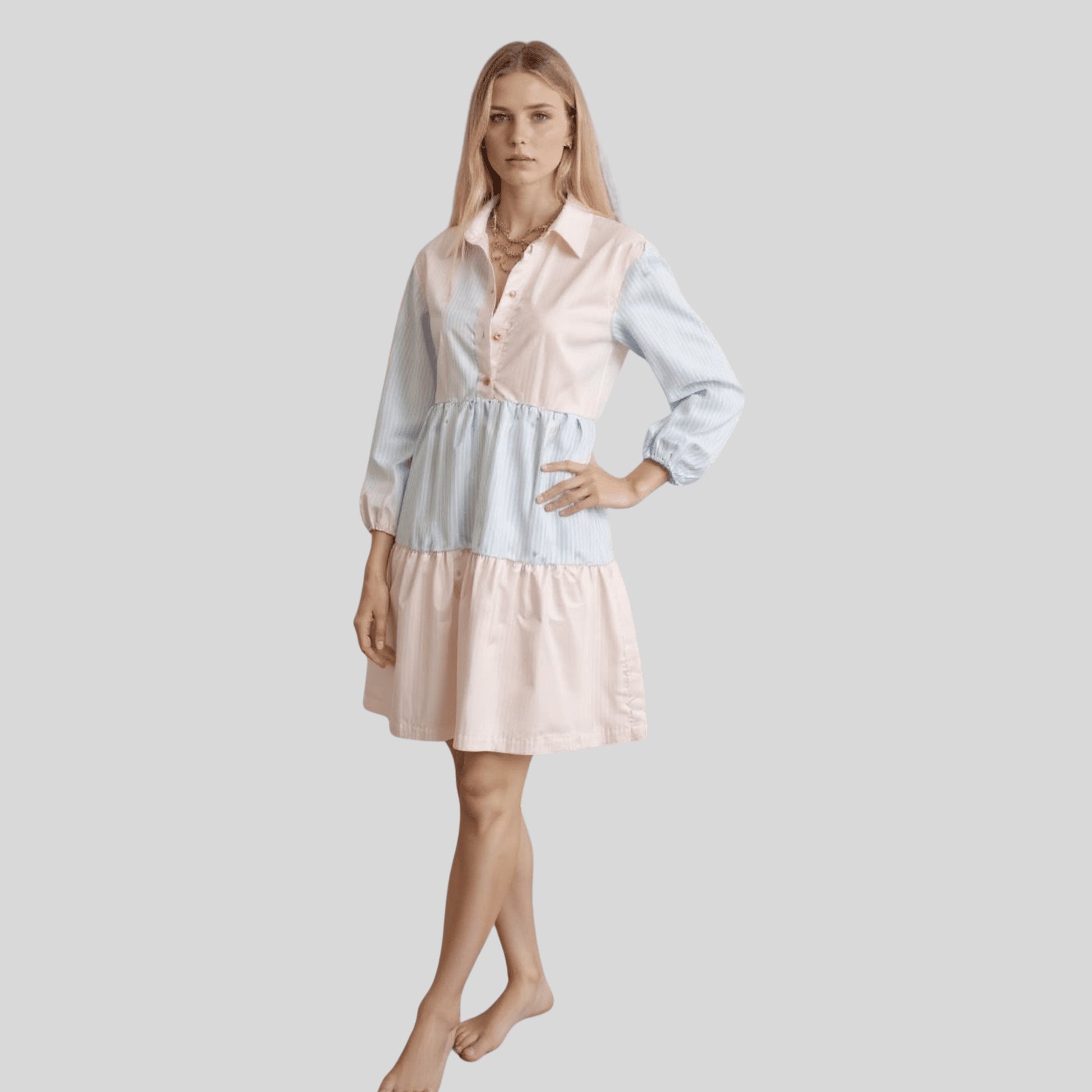 Alzya Striped Tiered Shirt Dress 100% Coton