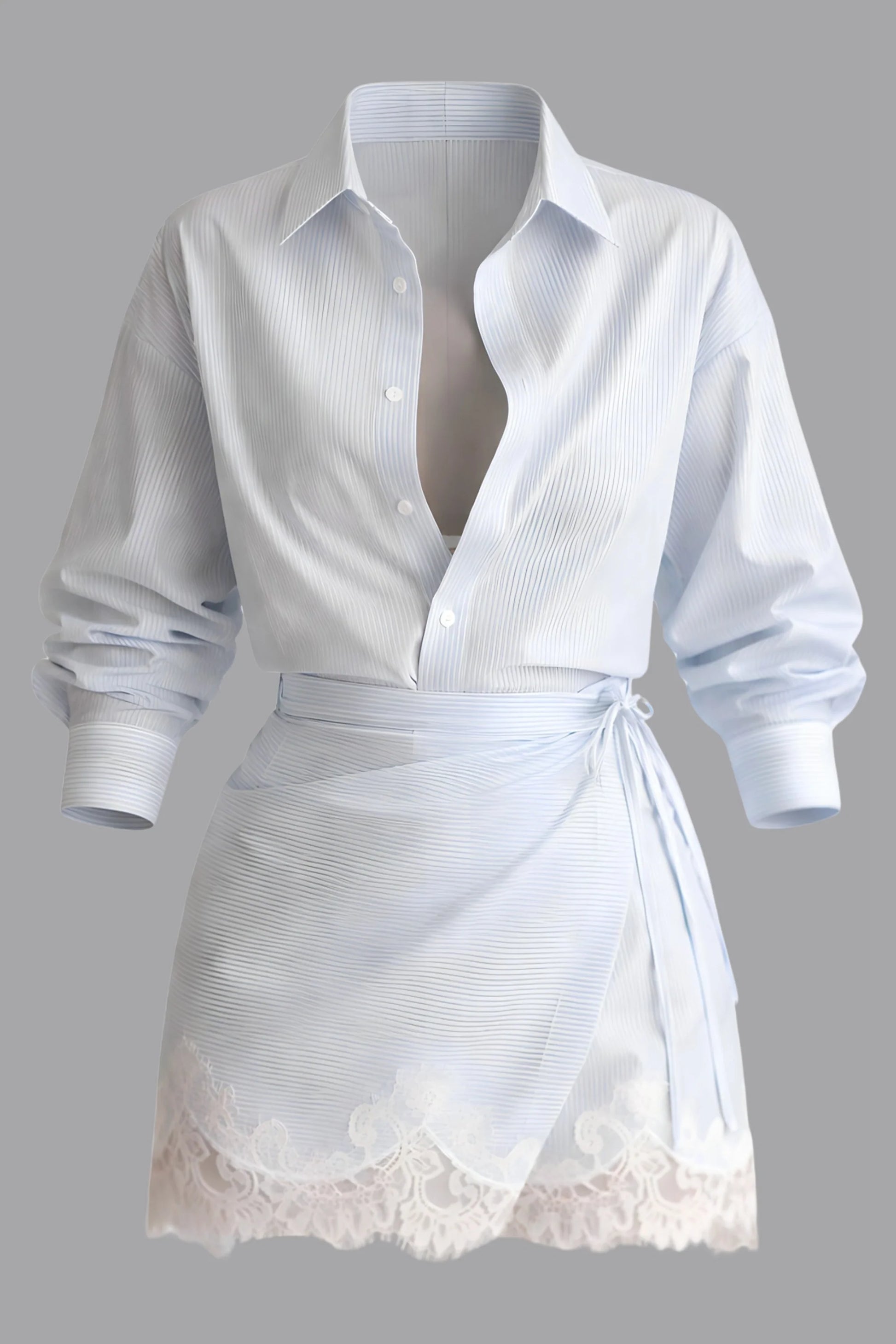 striped-oversized-lace-shirt-wrap-mini-skirt-set Light