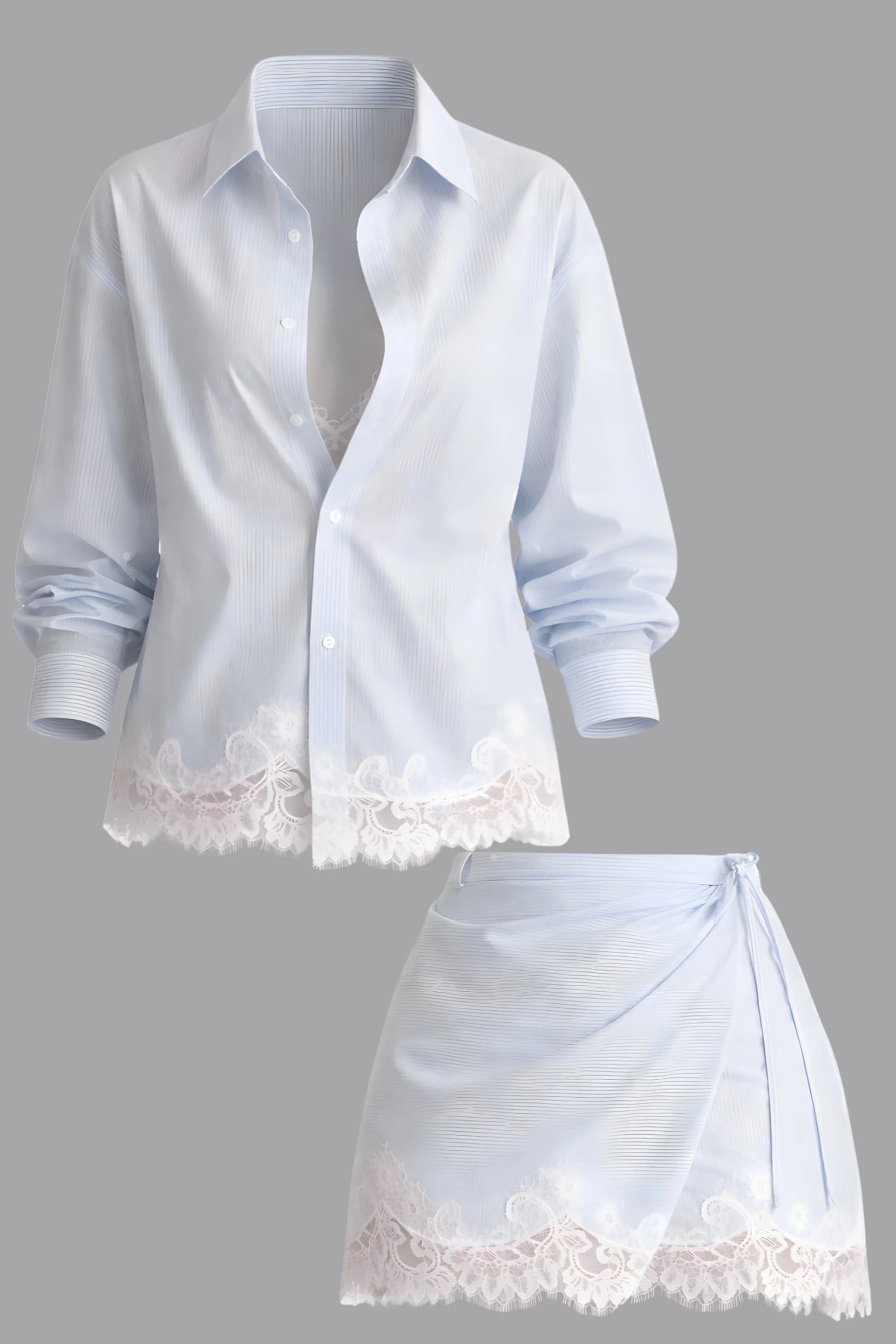 striped-oversized-lace-shirt-wrap-mini-skirt-set Light