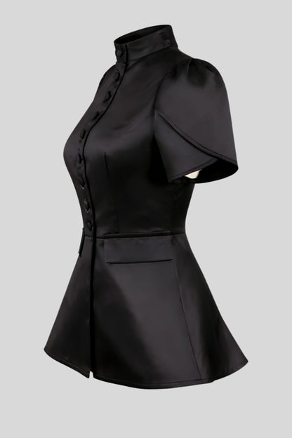 structured-black-short-sleeve-button-top Black