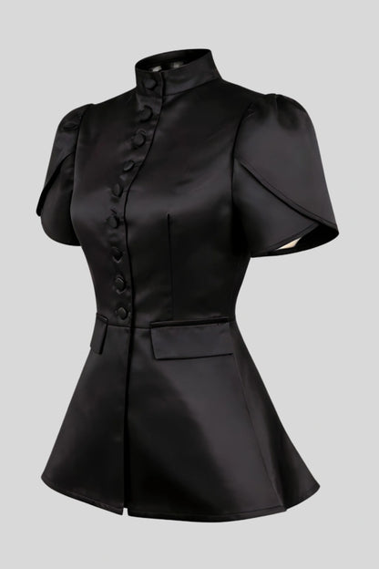 structured-black-short-sleeve-button-top Black