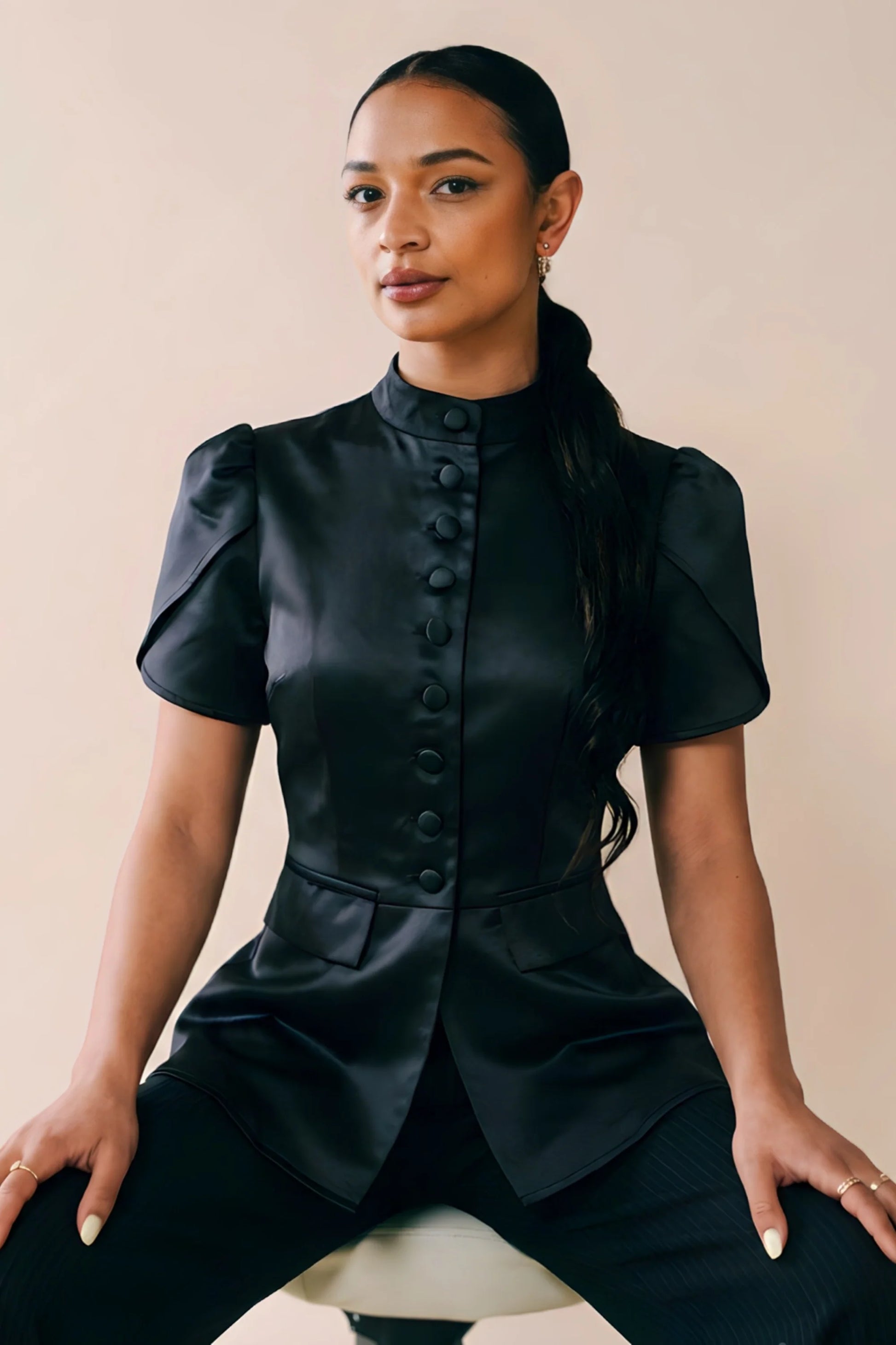 structured-black-short-sleeve-button-top Black