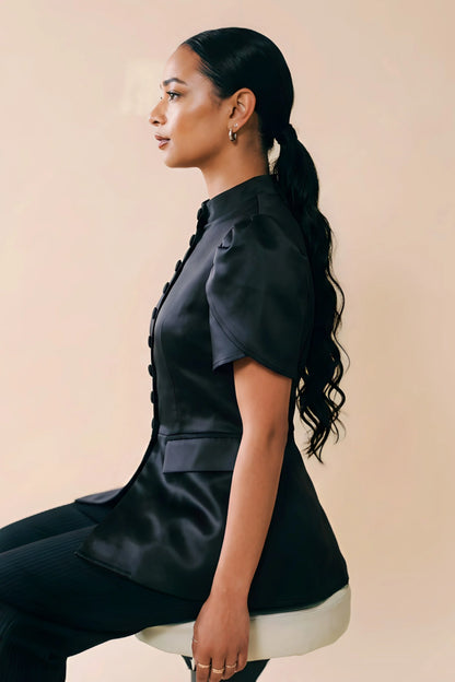 structured-black-short-sleeve-button-top Black