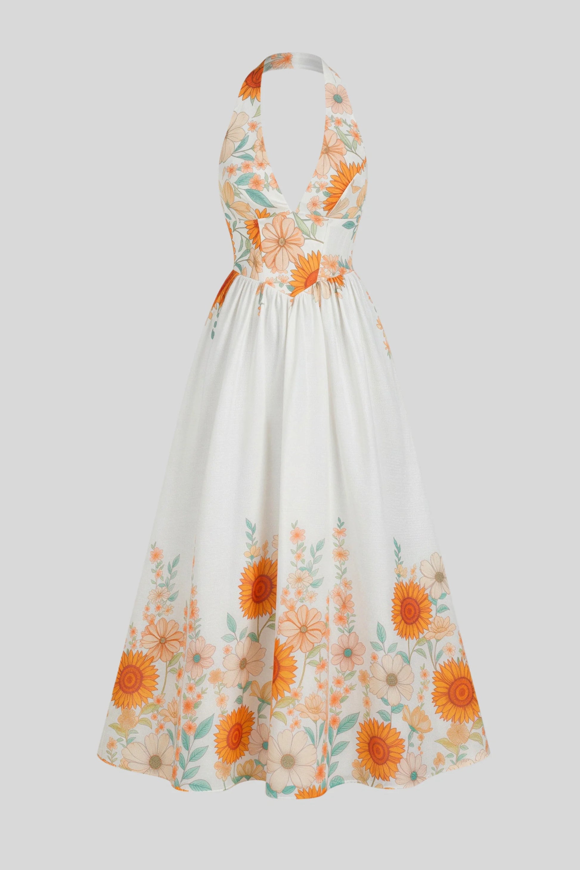 Sunflower Print Halter Full Skirt Dress White