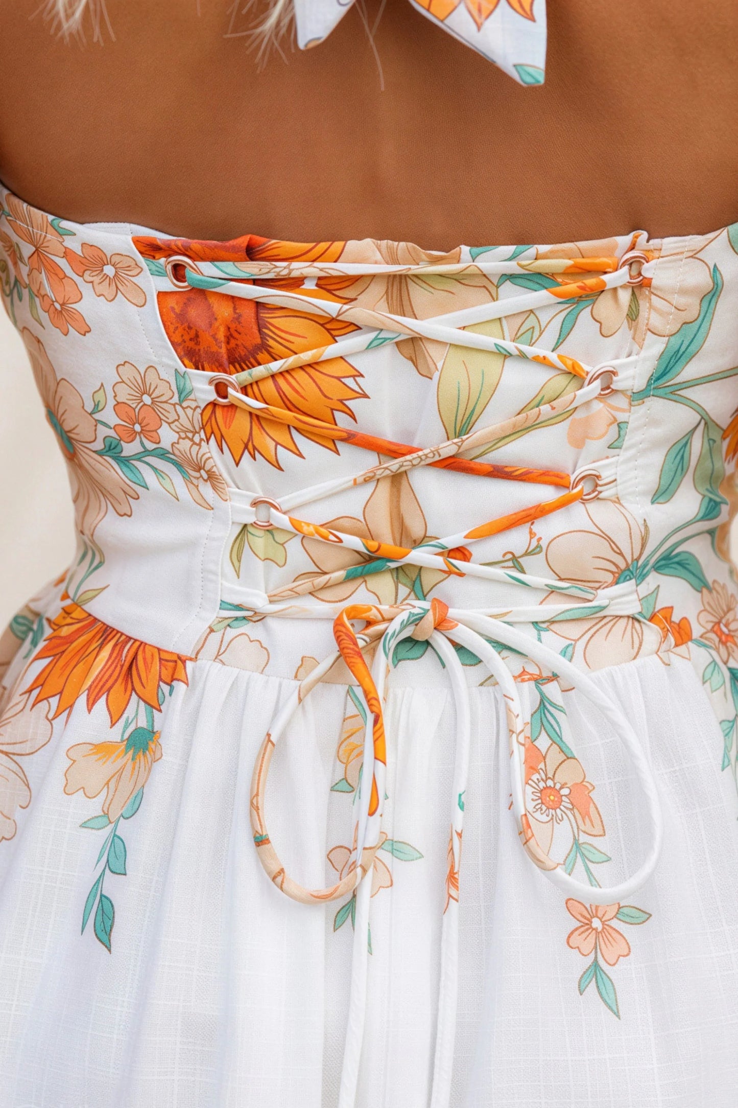 Sunflower Print Halter Full Skirt Dress White
