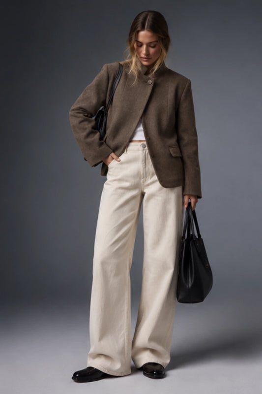 Alzya Taupe Brown Tobacco Wool-Blend Stand Collar Blazer