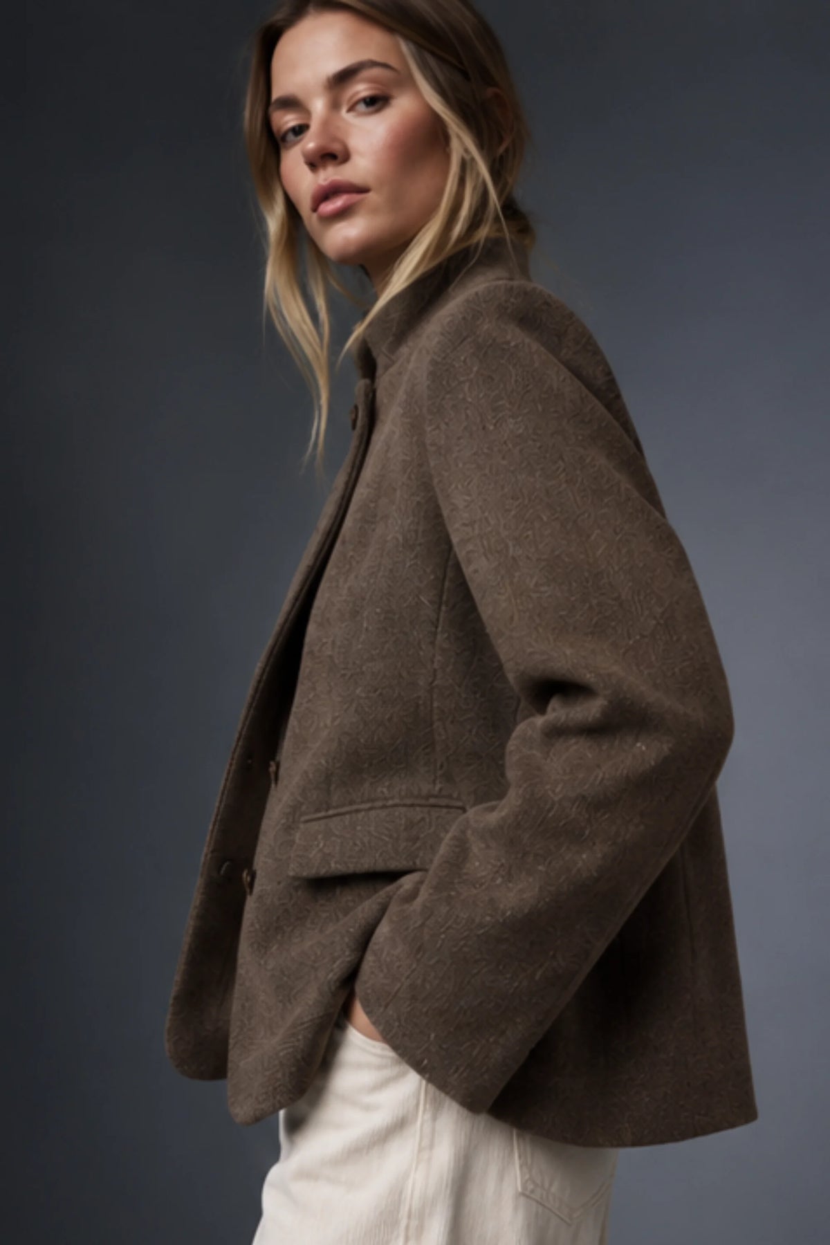 Alzya Taupe Brown Tobacco Wool-Blend Stand Collar Blazer