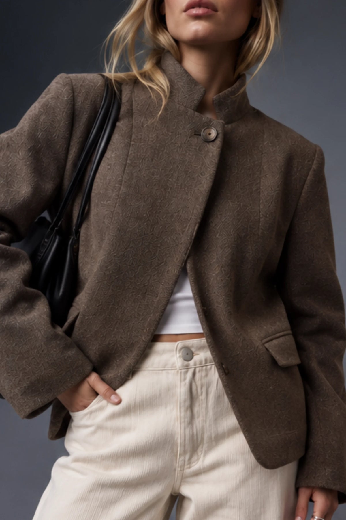 Alzya Taupe Brown Tobacco Wool-Blend Stand Collar Blazer