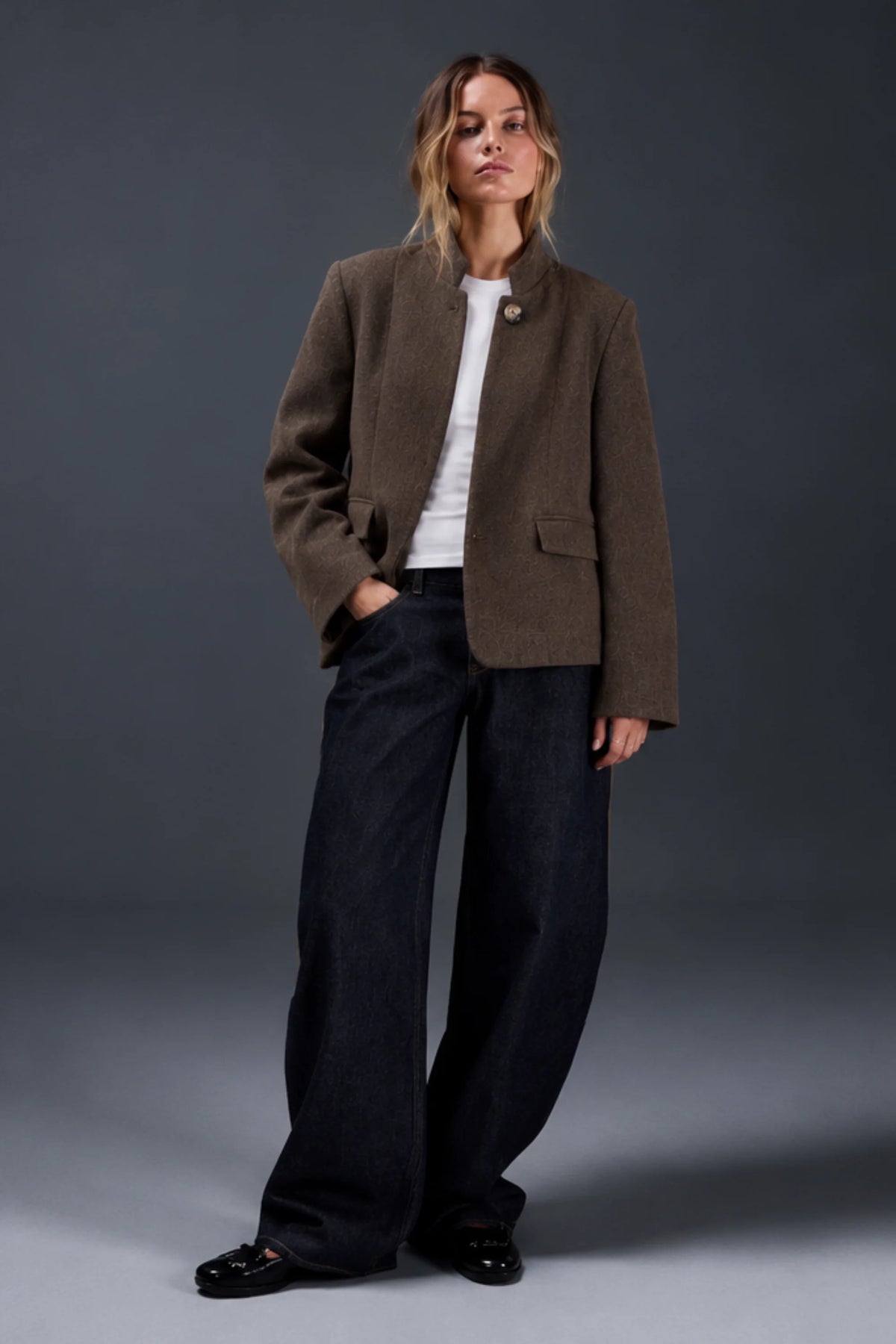 Alzya Taupe Brown Tobacco Wool-Blend Stand Collar Blazer