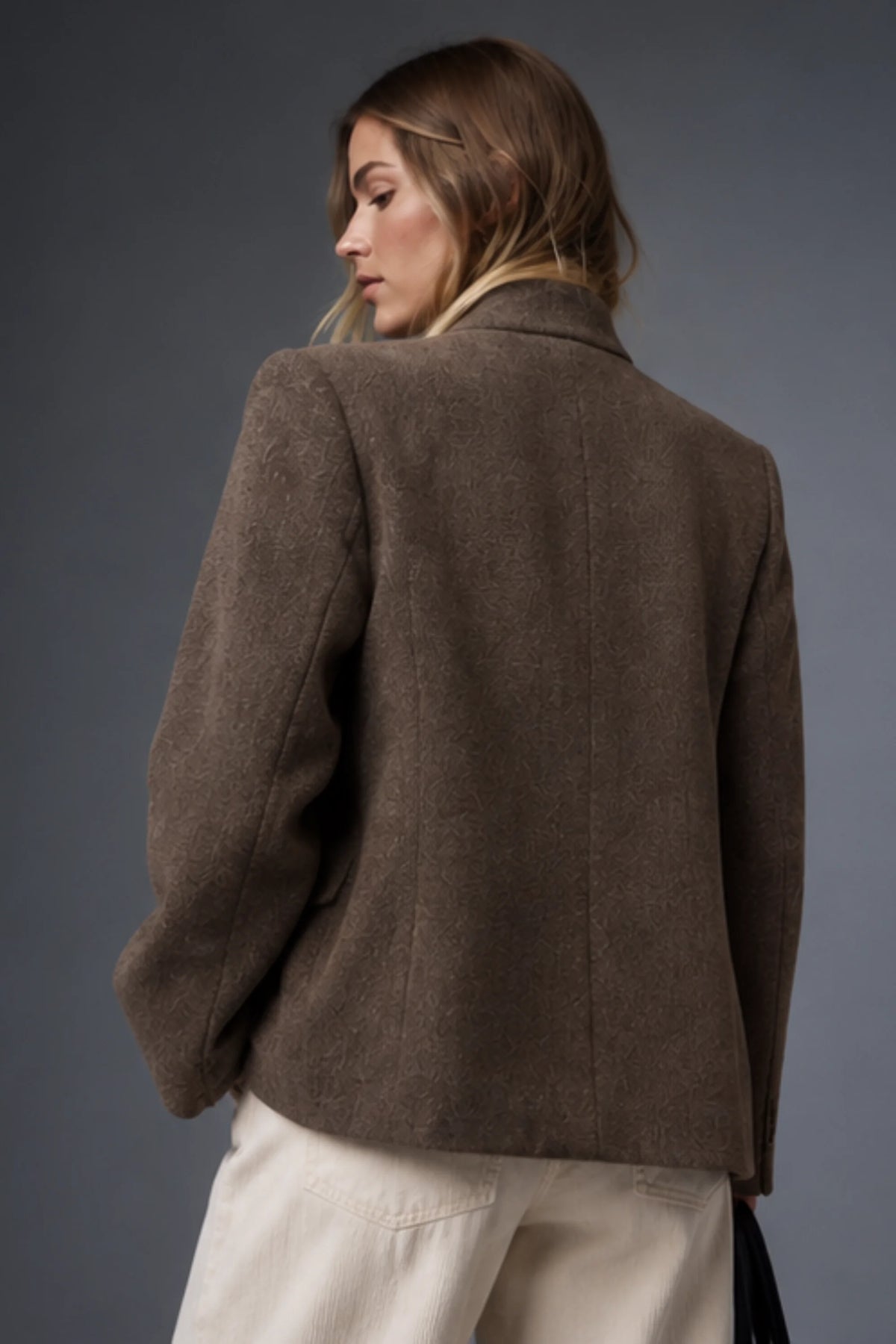 Alzya Taupe Brown Tobacco Wool-Blend Stand Collar Blazer