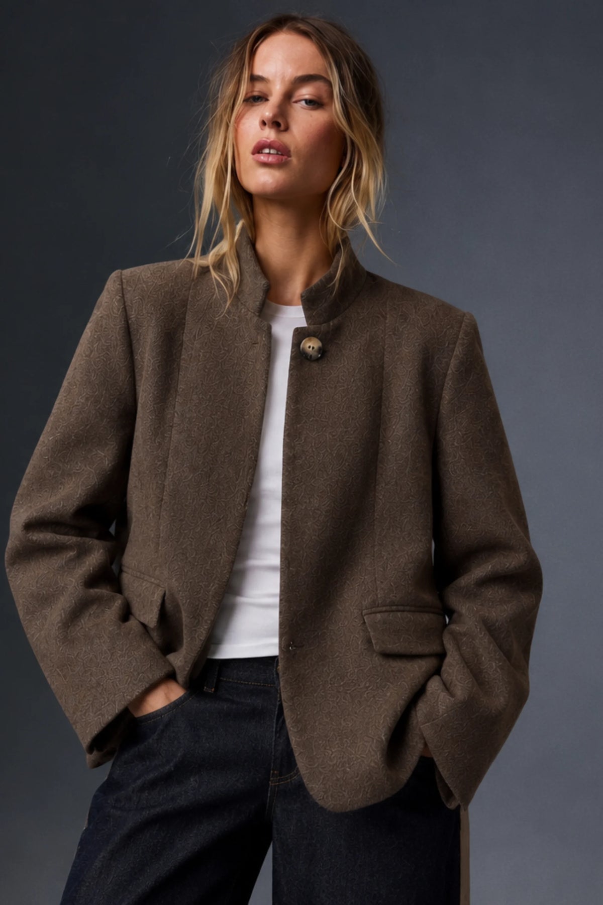 Alzya Taupe Brown Tobacco Wool-Blend Stand Collar Blazer