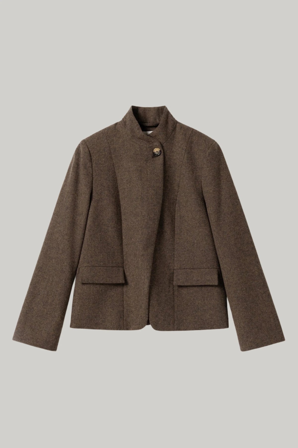 Alzya Taupe Brown Tobacco Wool-Blend Stand Collar Blazer