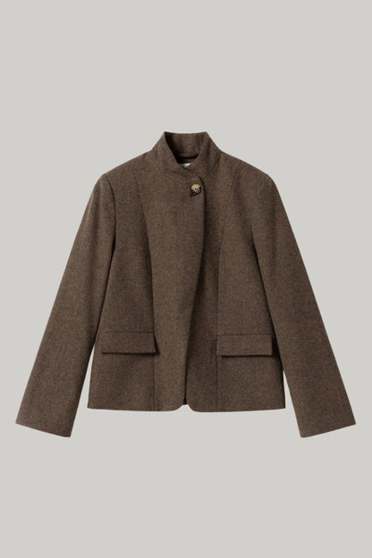Alzya Taupe Brown Tobacco Wool-Blend Stand Collar Blazer