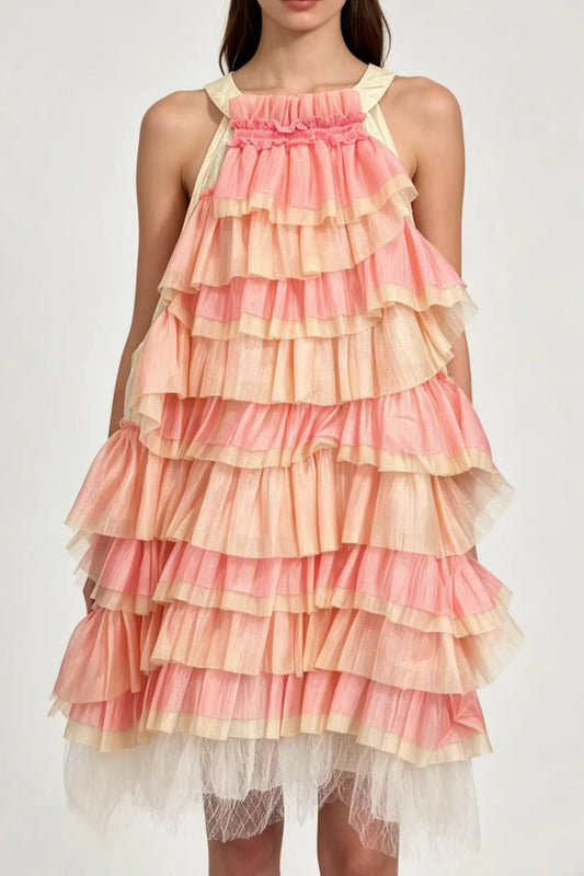 Tiered Ruffle Halter Colorblock Midi Dress Pink