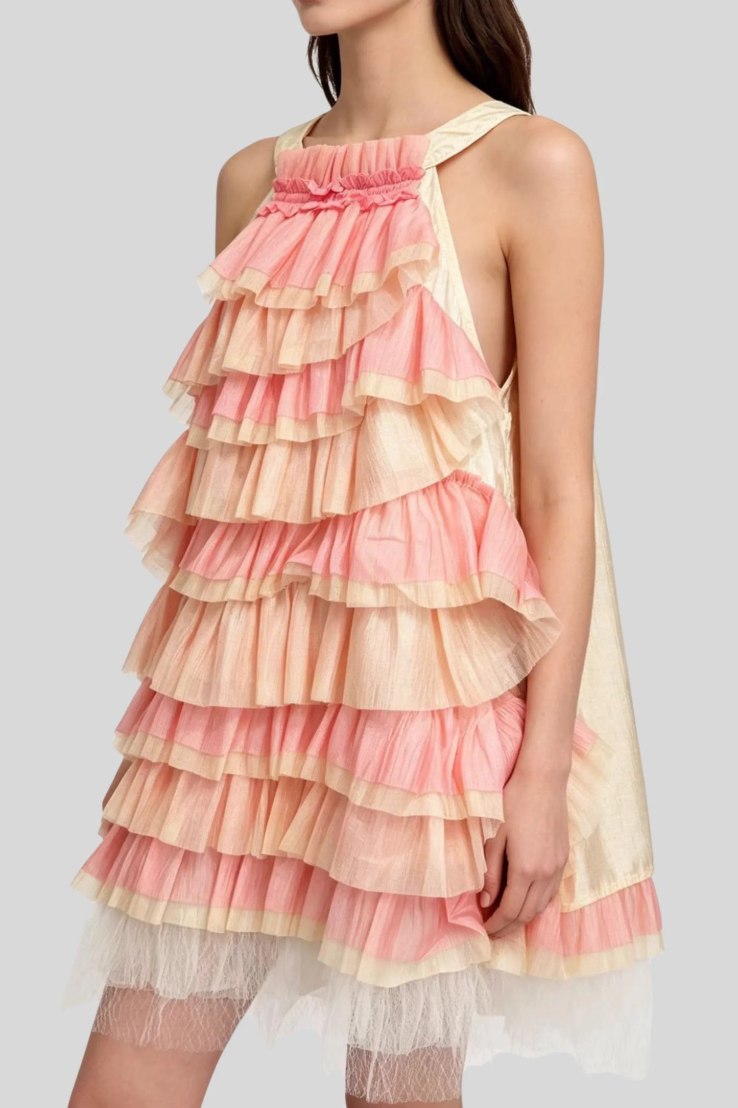 Tiered Ruffle Halter Colorblock Midi Dress Pink