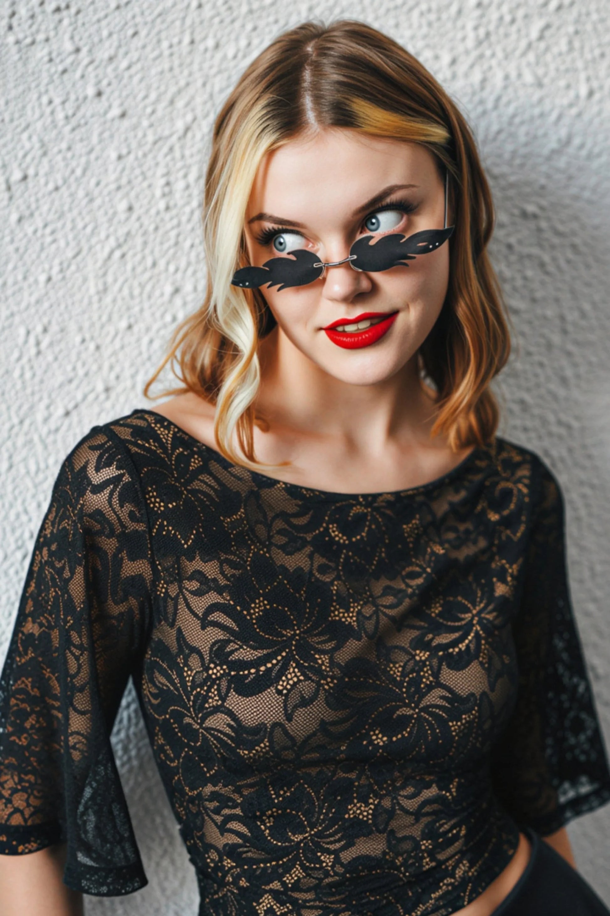 Trendy Sexy Deep V-Neck Lace Crop Top with Flared Sleeves Black