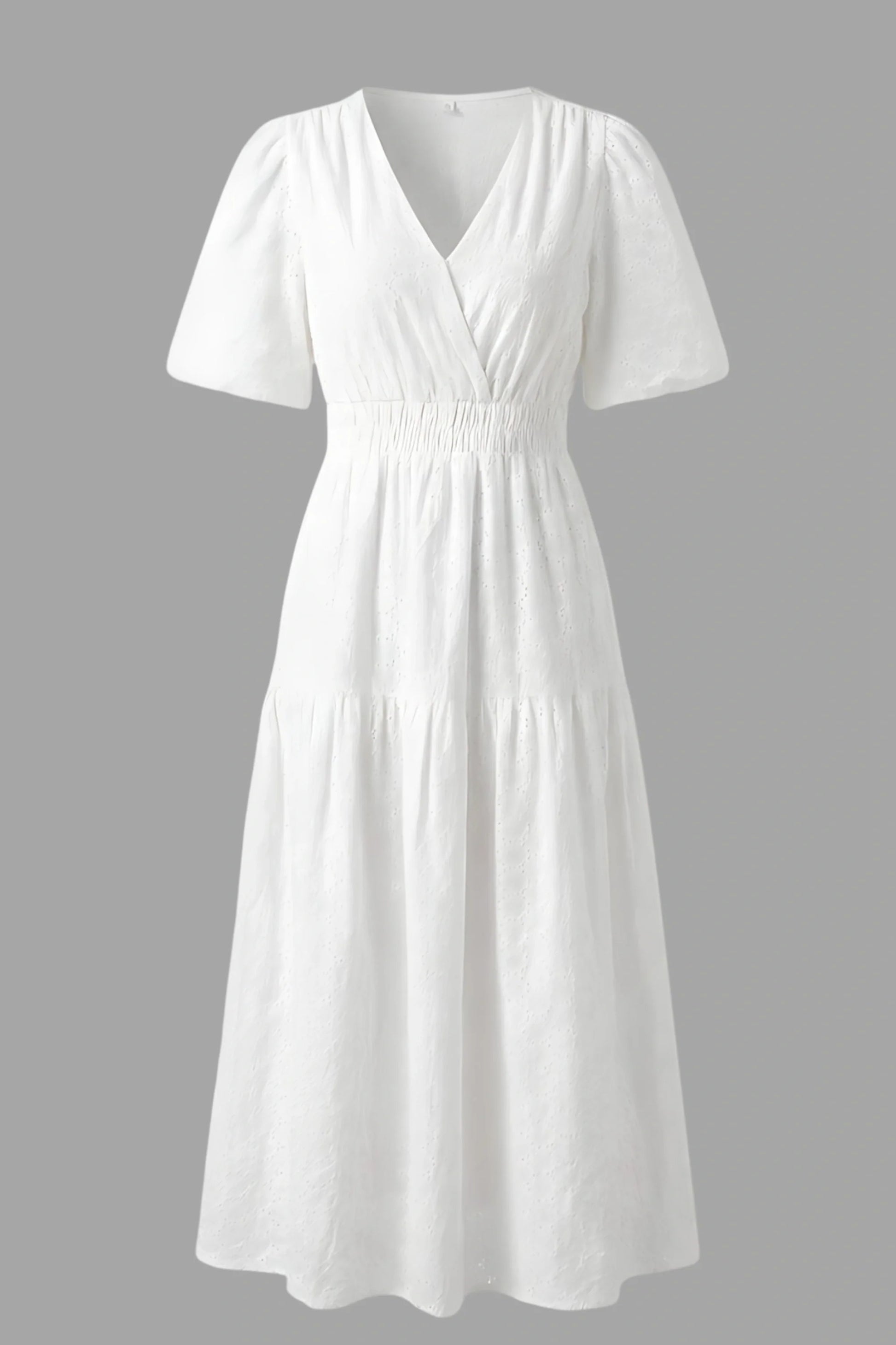 V-neck puff sleeve midi dress with defined waist White