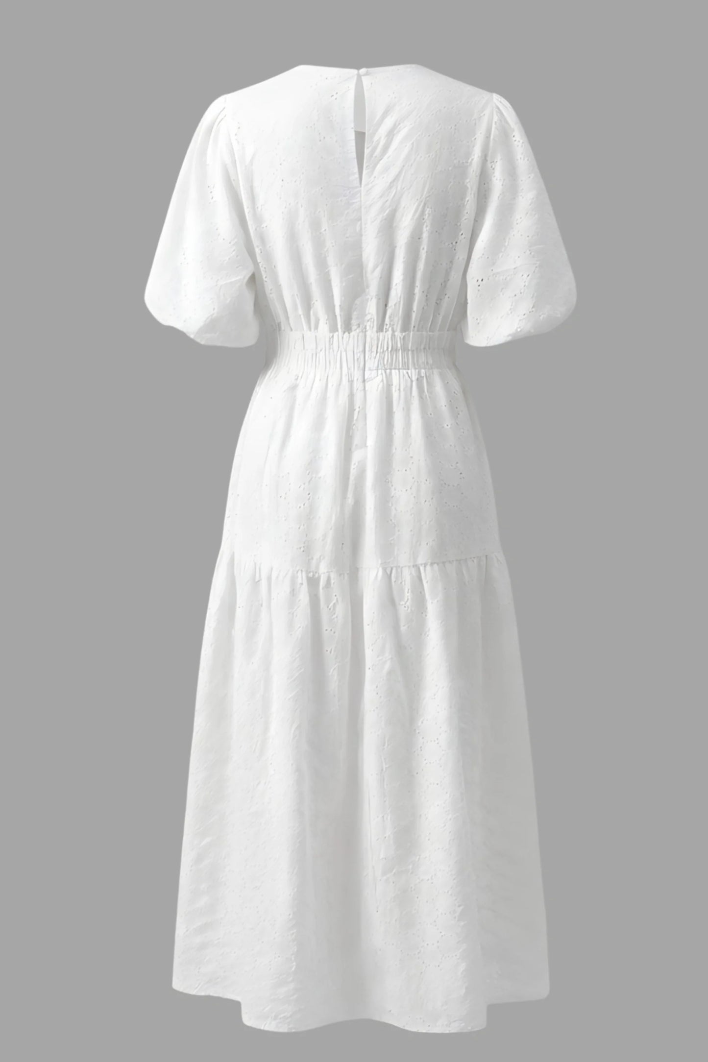 V-neck puff sleeve midi dress with defined waist White