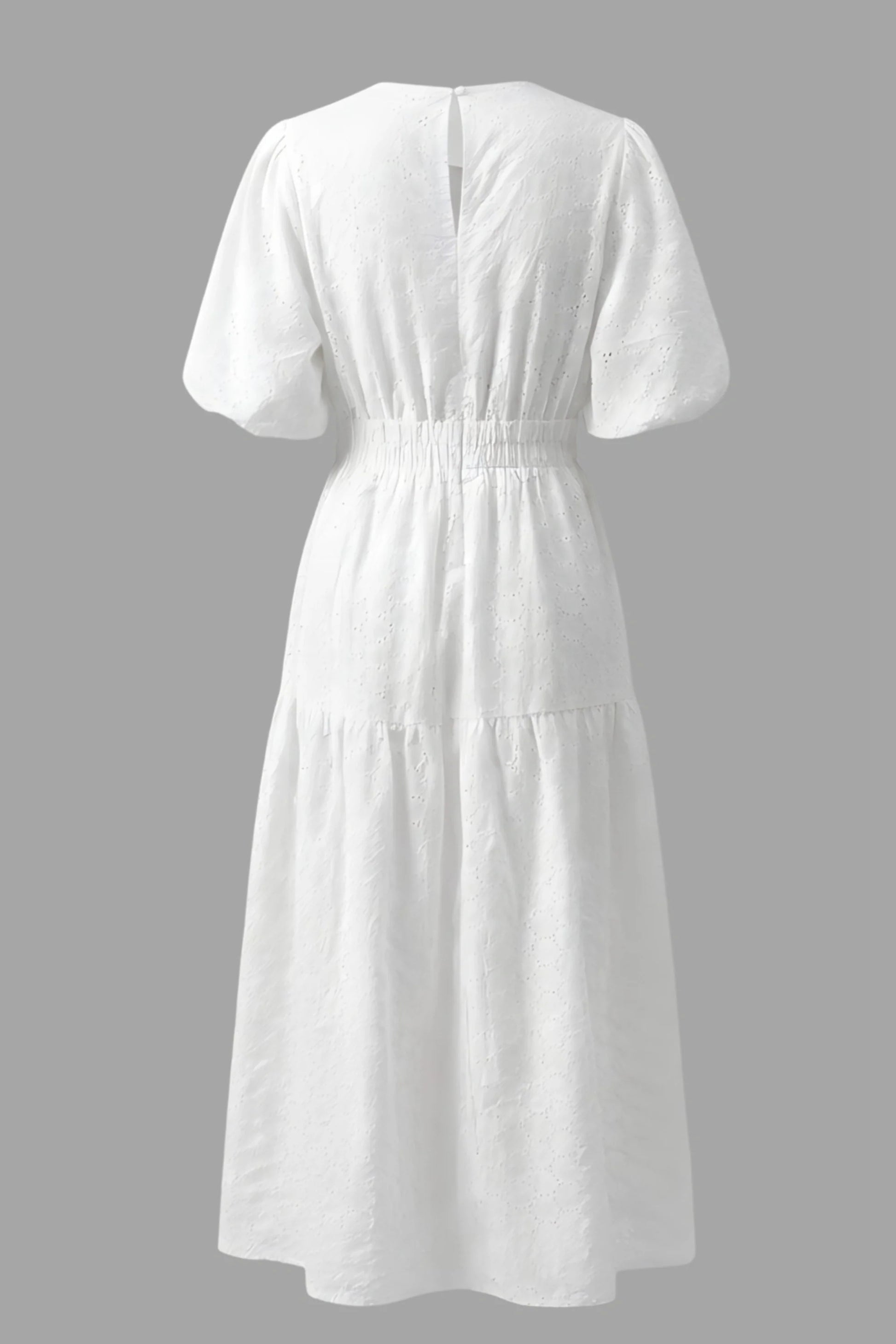 V-neck puff sleeve midi dress with defined waist White
