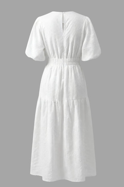 V-neck puff sleeve midi dress with defined waist White