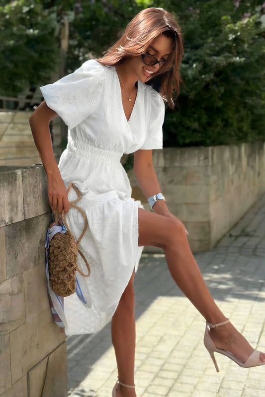 V-neck puff sleeve midi dress with defined waist White