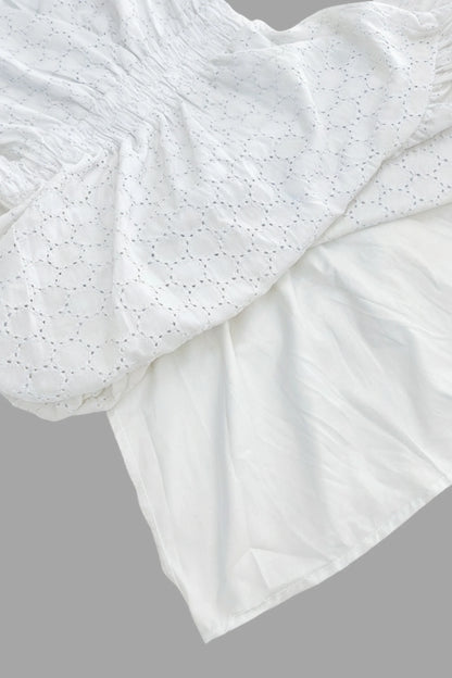 V-neck puff sleeve midi dress with defined waist White