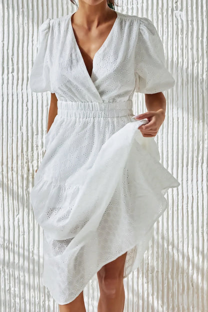 V-neck puff sleeve midi dress with defined waist White