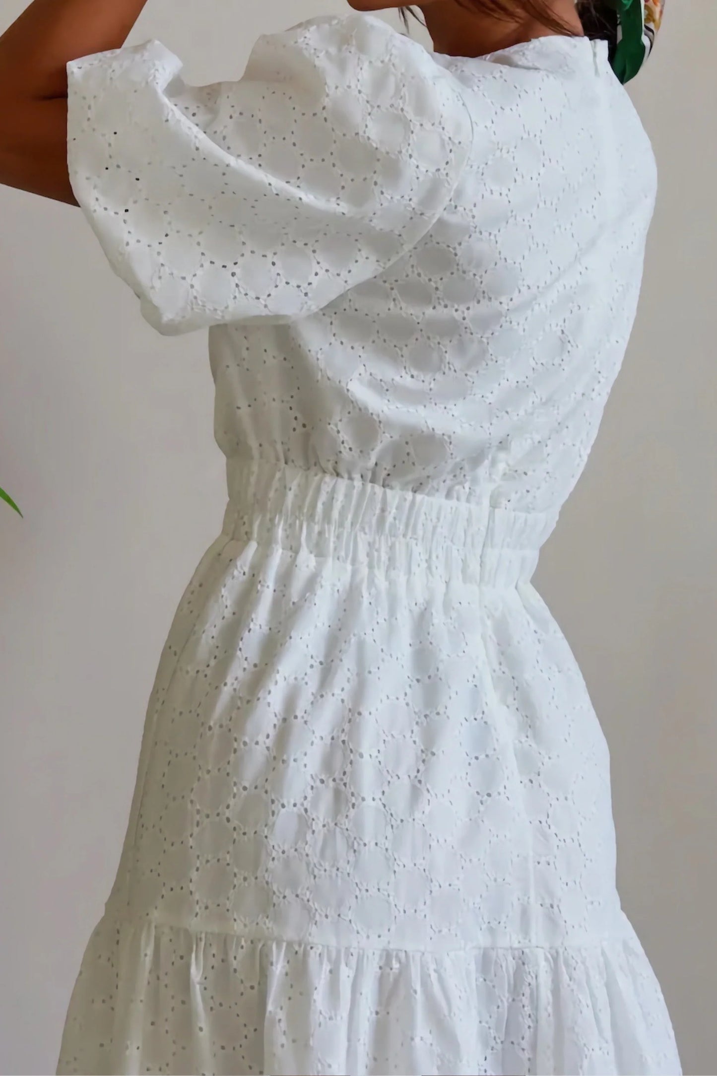 V-neck puff sleeve midi dress with defined waist White