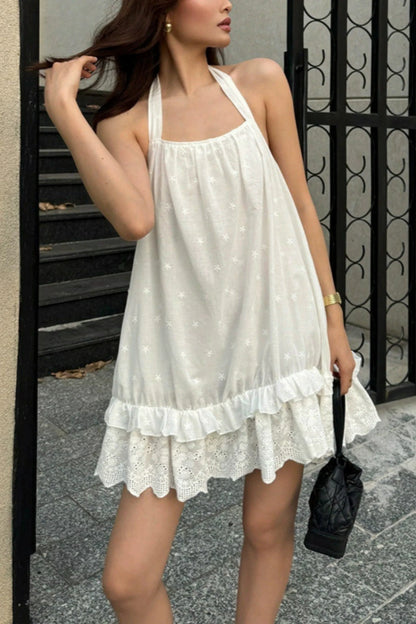 White Cotton Lace-Hem Tie-Strap Mini Dress White