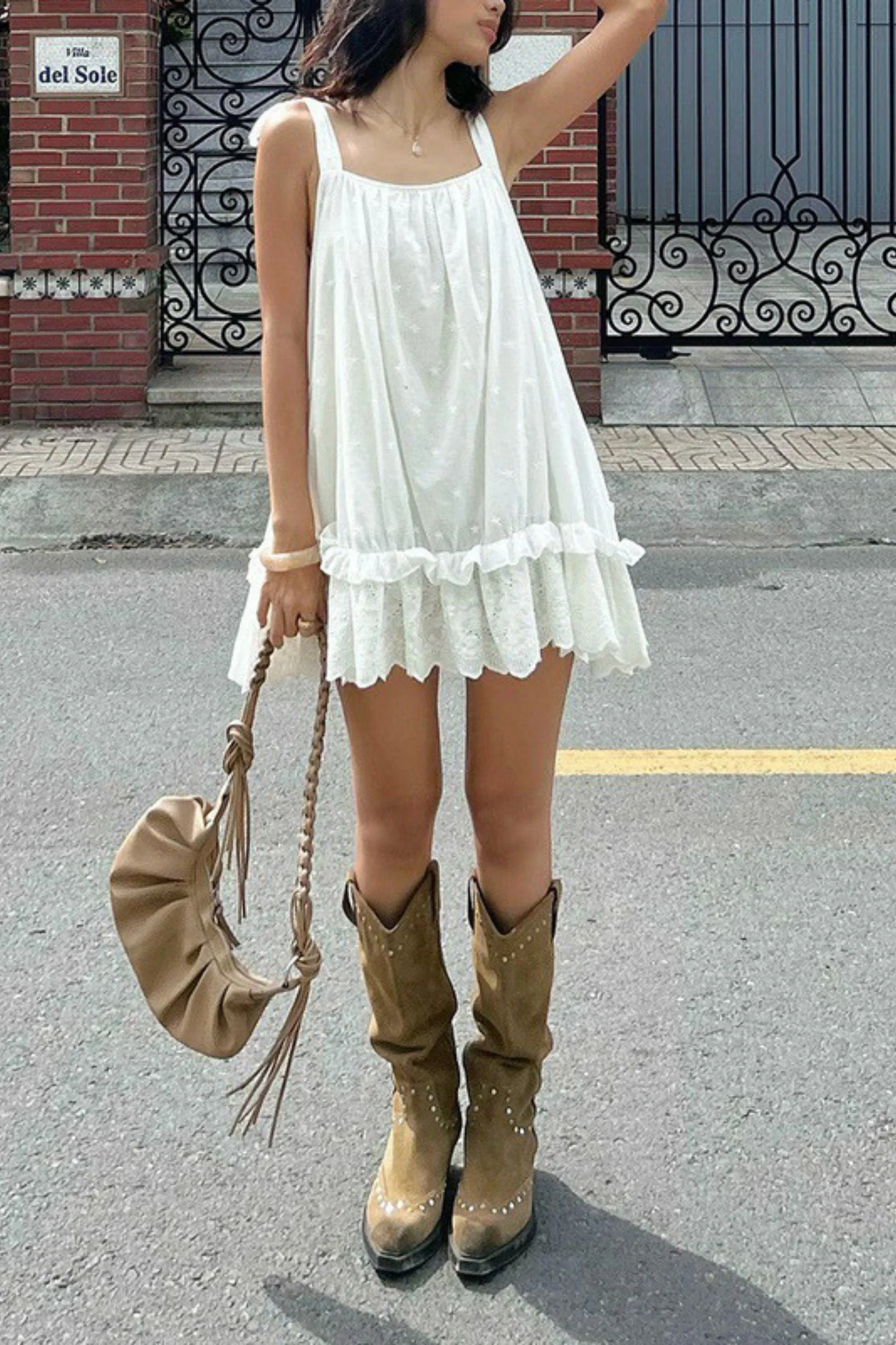 White Cotton Lace-Hem Tie-Strap Mini Dress White