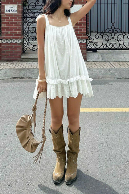 White Cotton Lace-Hem Tie-Strap Mini Dress White