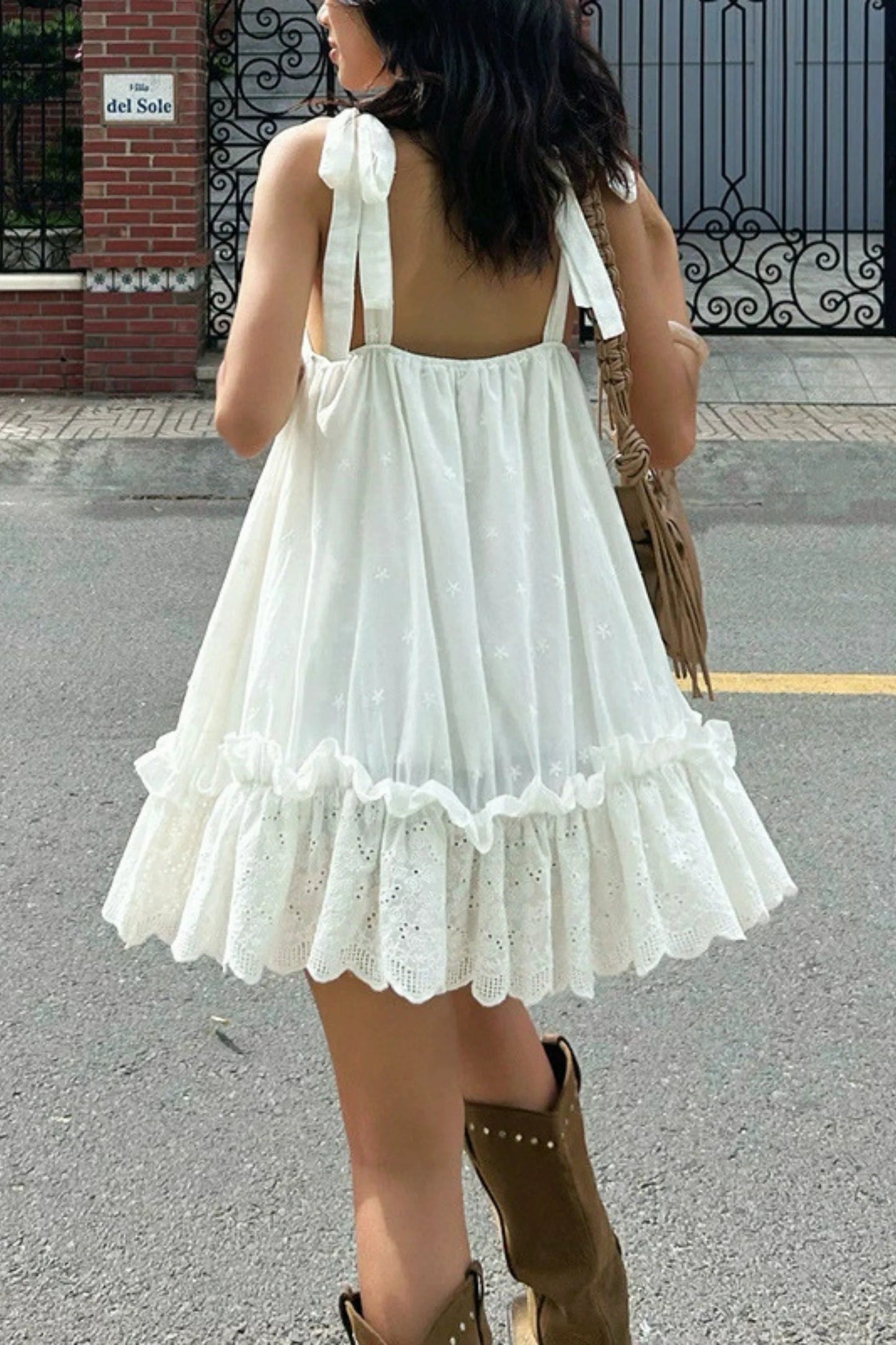 White Cotton Lace-Hem Tie-Strap Mini Dress White