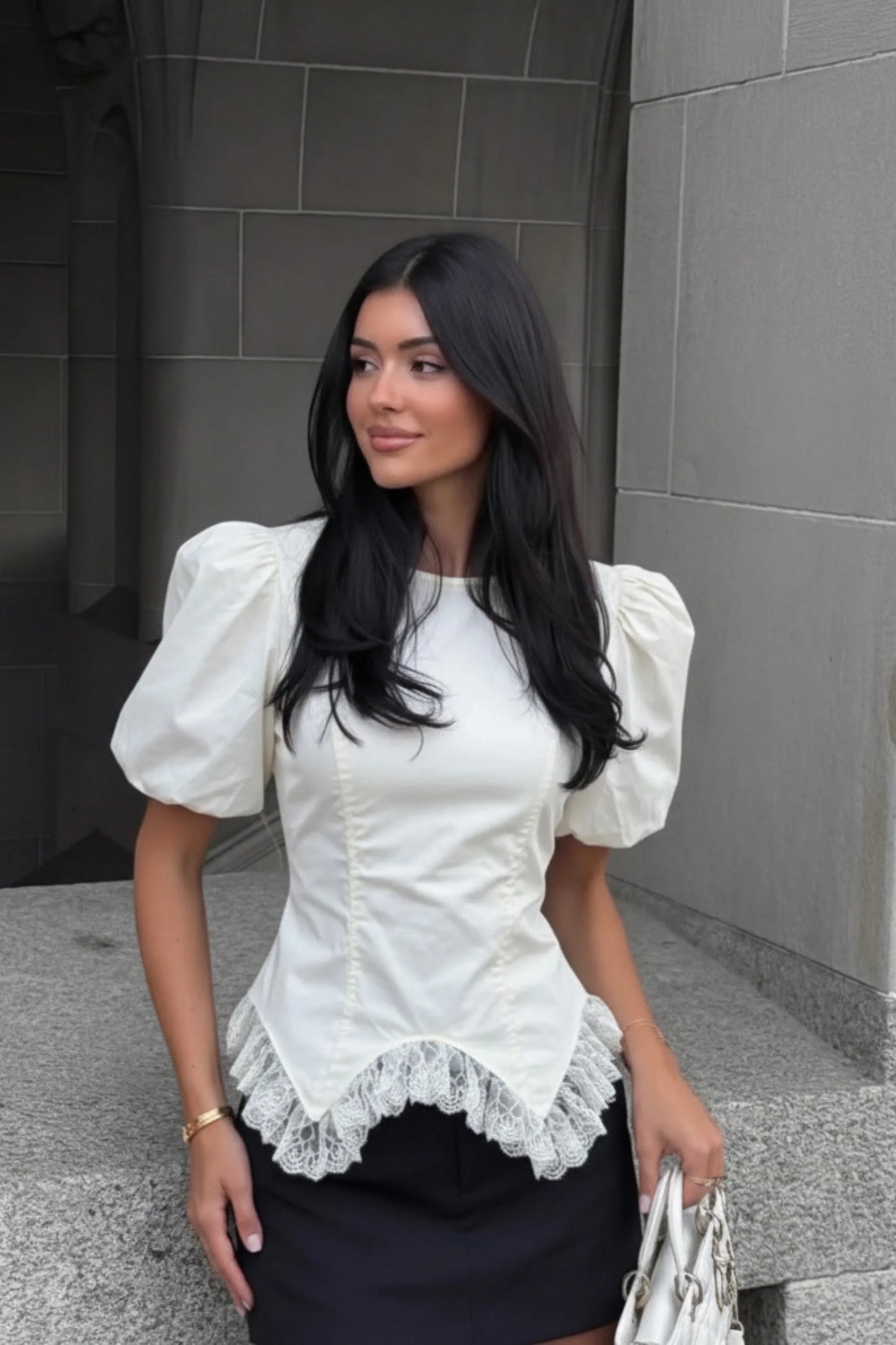 White Cotton Puff-Sleeve Lace-Hem Crop Blouse White