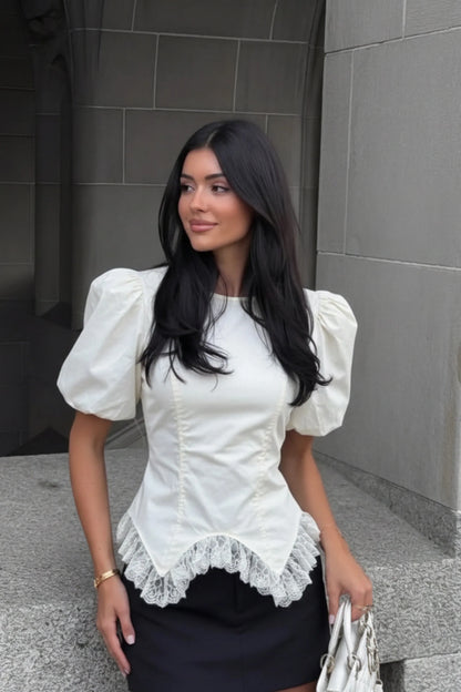 White Cotton Puff-Sleeve Lace-Hem Crop Blouse White