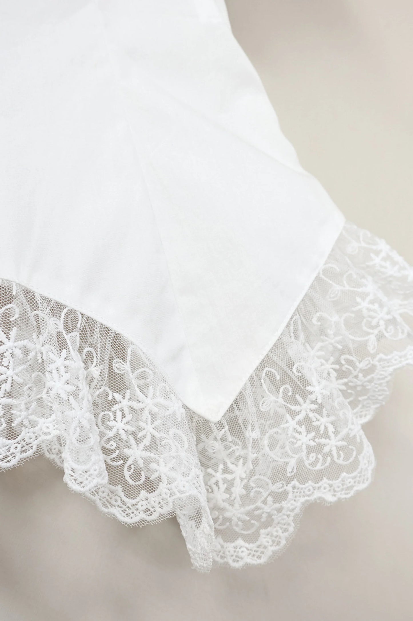 White Cotton Puff-Sleeve Lace-Hem Crop Blouse White