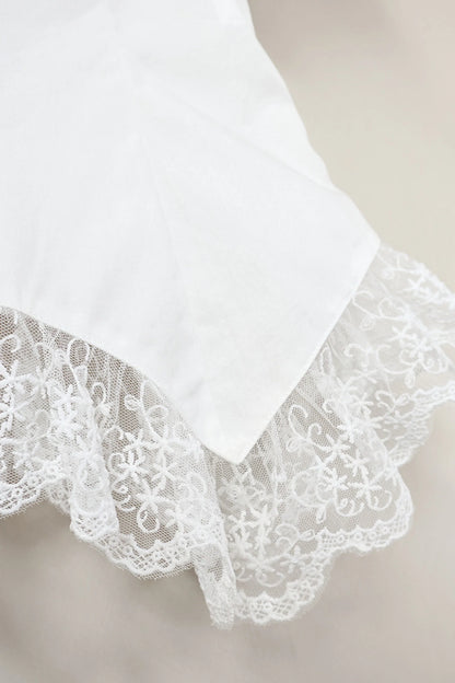 White Cotton Puff-Sleeve Lace-Hem Crop Blouse White