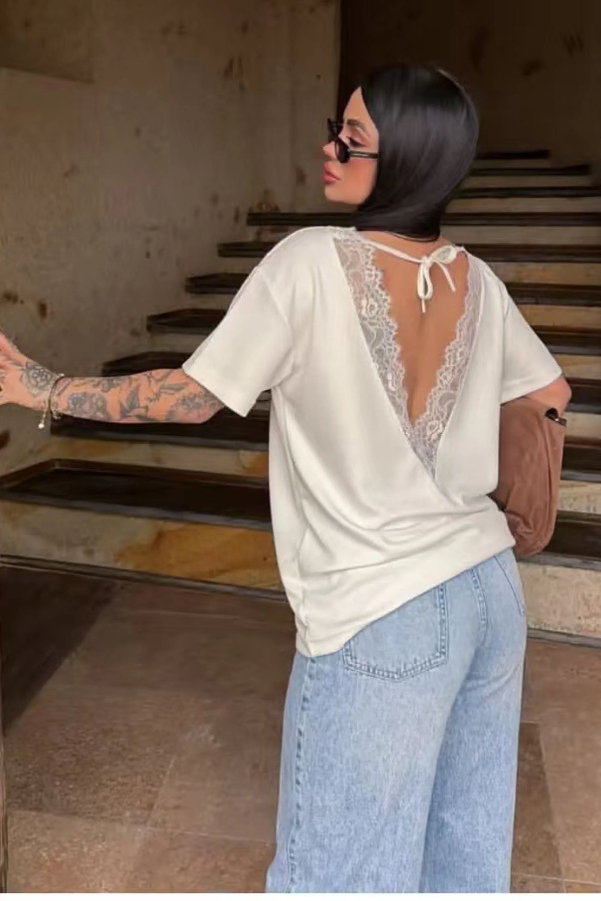 White T-Shirt With a Lace Open Back No One Sees Coming White