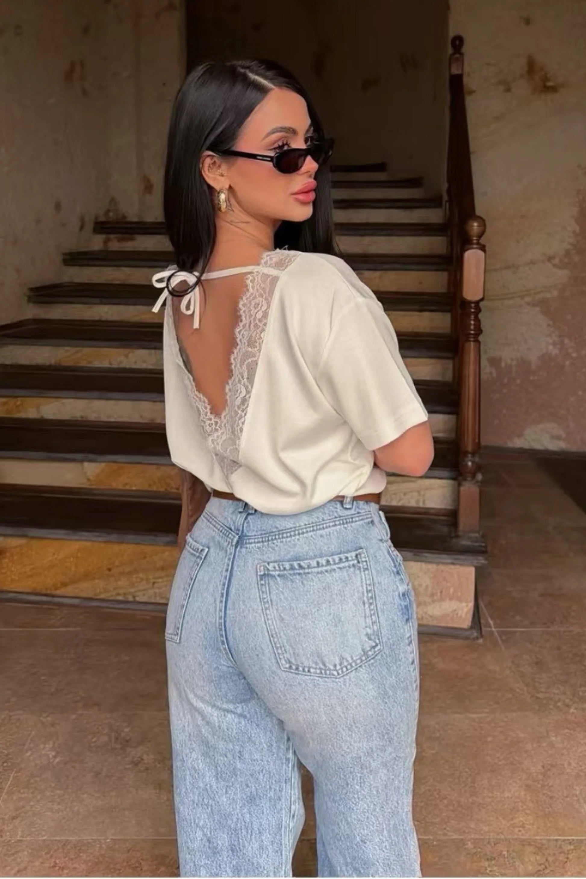 White T-Shirt With a Lace Open Back No One Sees Coming White