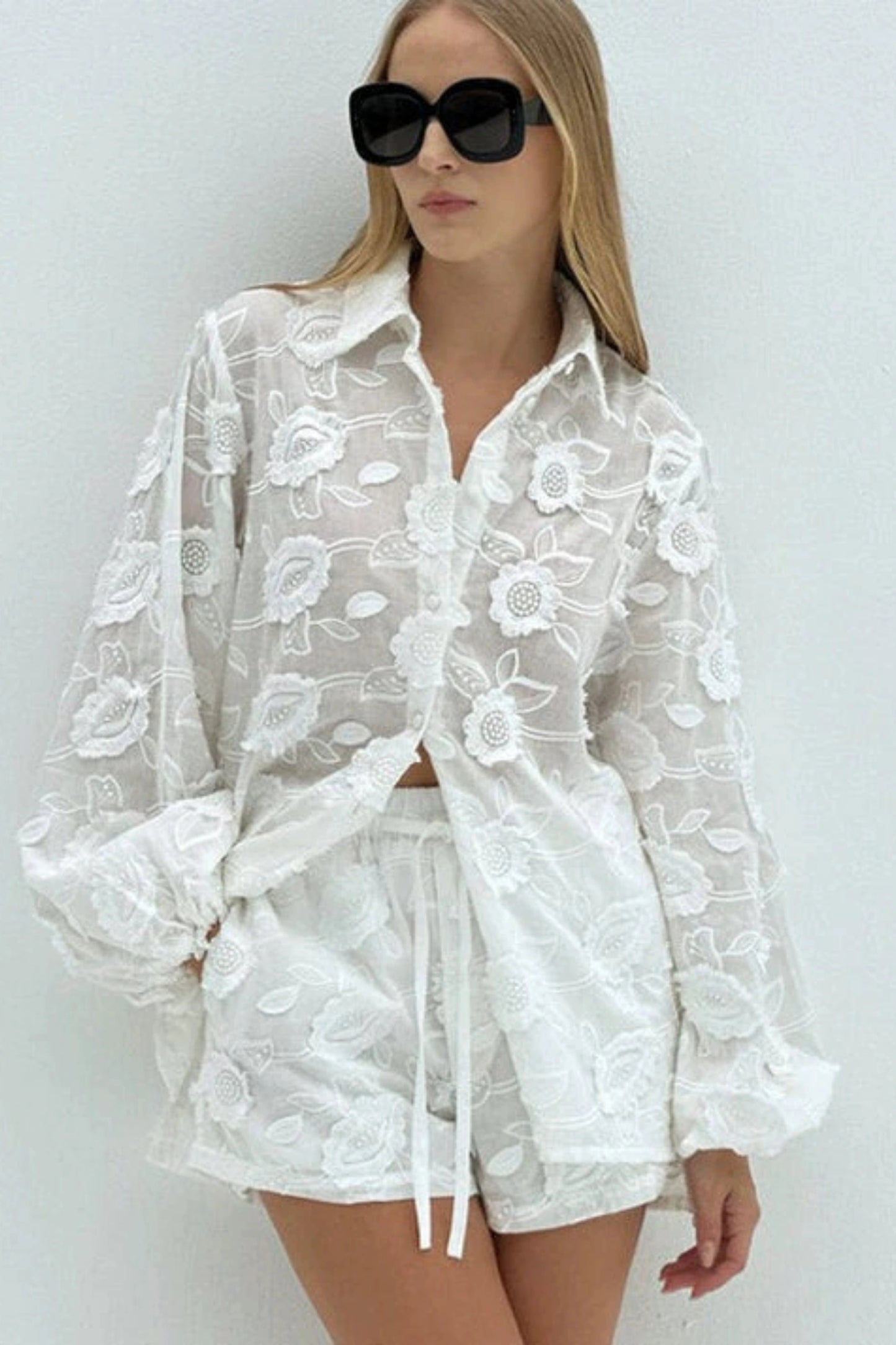 Alzya Lyzia White Lace Embroidered Shirt and Shorts Set White