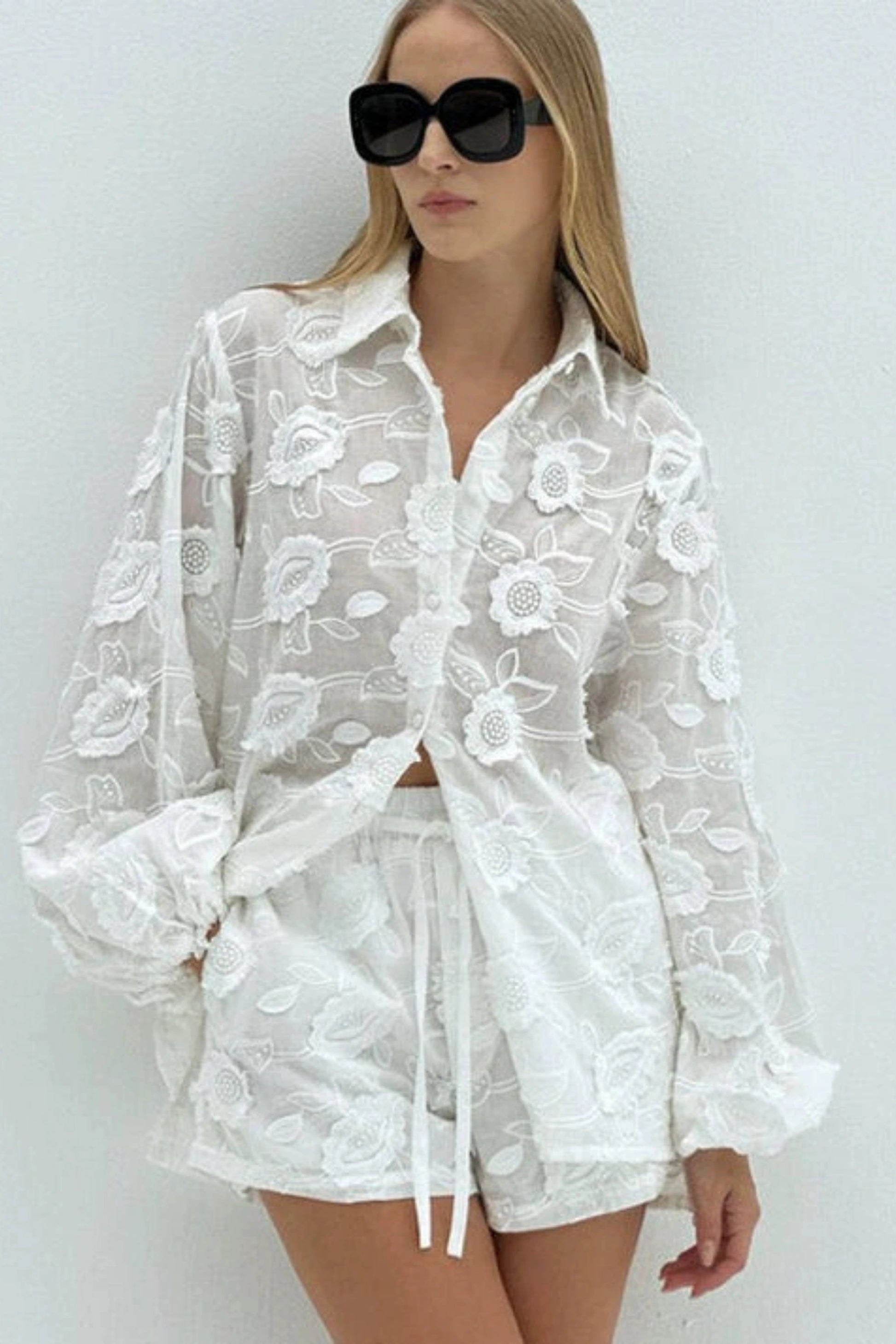 Alzya Lyzia White Lace Embroidered Shirt and Shorts Set White
