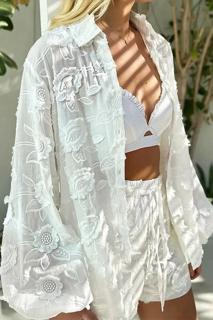 White Lace Embroidered Shirt and Shorts Set White