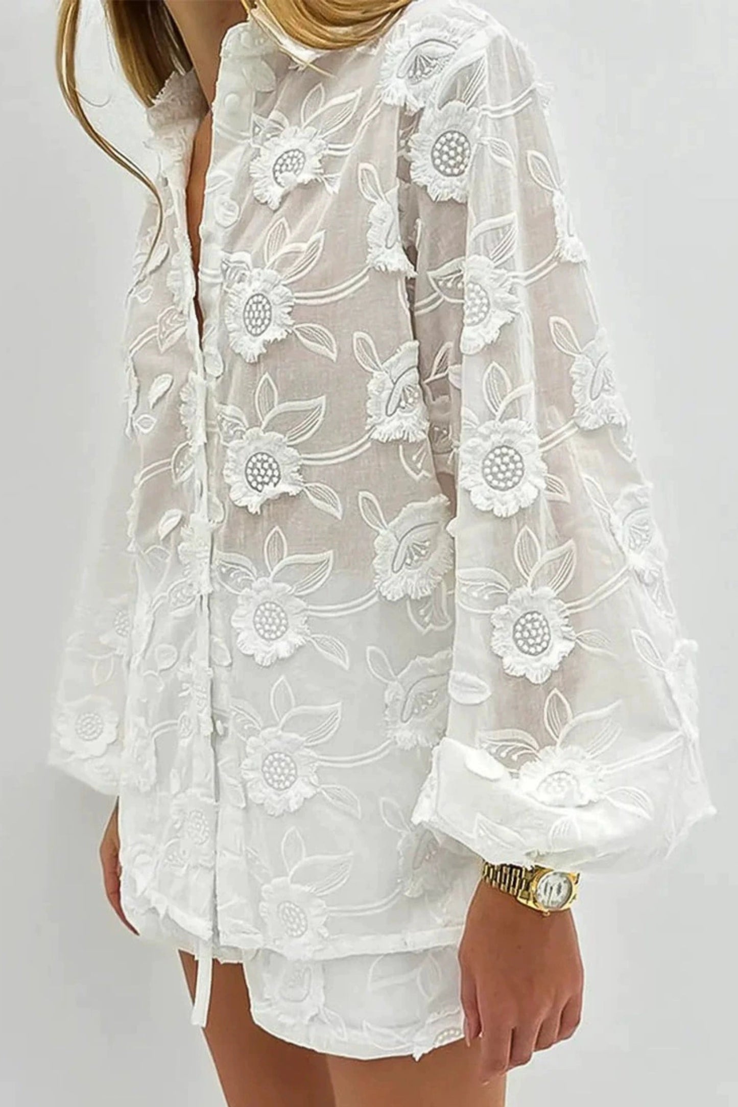 Alzya Lyzia White Lace Embroidered Shirt and Shorts Set White