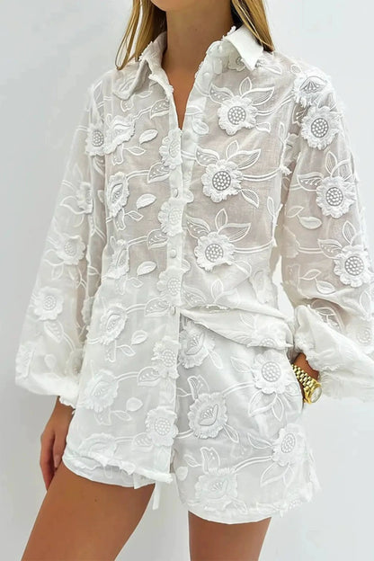 Alzya Lyzia White Lace Embroidered Shirt and Shorts Set White